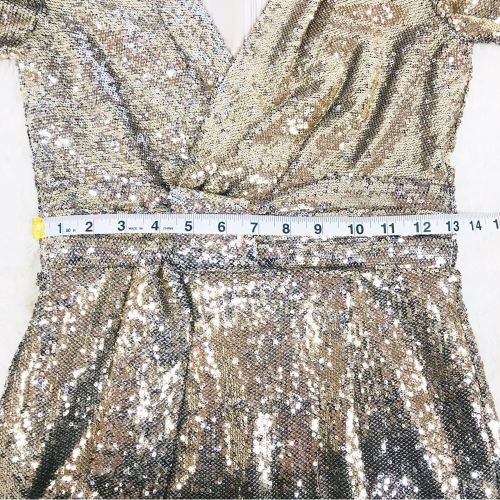 CALVIN KLEIN Gold Sequin Cocktail Dress Party Knee Length Faux Wrap Size 2 New - Picture 11 of 12